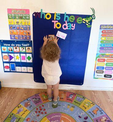 During Circle time we sing along and read a book together. We also learn how to spell our own name and pin it in the wall. Yeah I can do it.