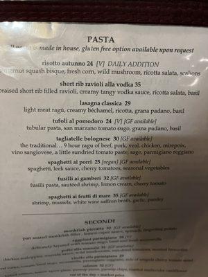 Pasta menu