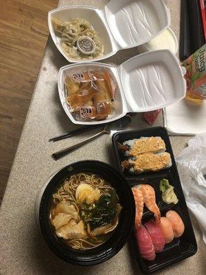 Spicy Miso Ramen, Sushi Box, Gyoza dumplings, Spring Rolls