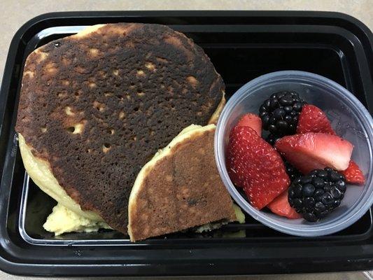 Chocolate Chip Pancakes with Eggs and Fruit