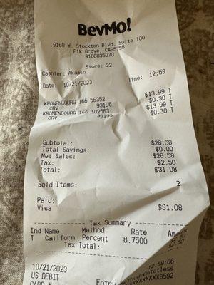 This was the  receipt to  the beer that I bought.