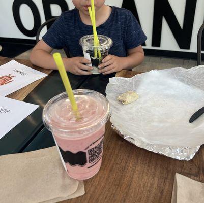 Kids Cheesy Wrap and The Young One smoothie, with my create your own smoothie with pineapple, strawberry, chia seeds and honey.