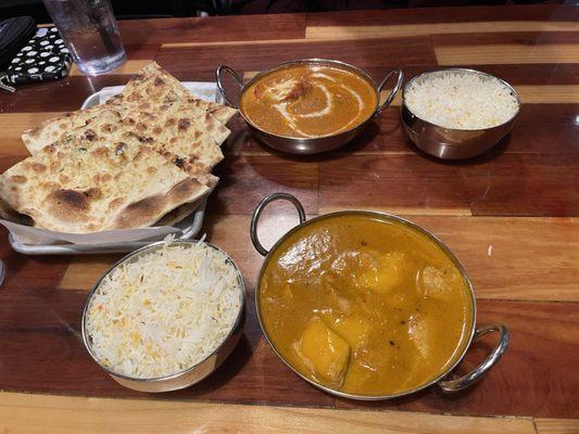 Garlic and butter naan, butter chicken and mango curry rice bowls