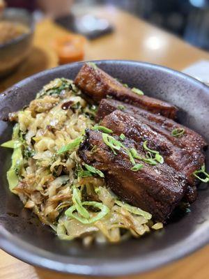 Brown rice, bok choy, green cabbage, and pork belly