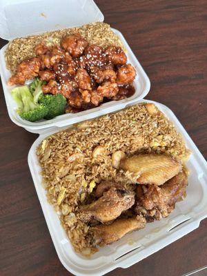 Sesame Chicken & Honey Wings w/ Shrimp Fried Rice