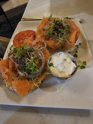 Breakfast - Norwegian Salmon with horseradish cream cheese on an everything bagel