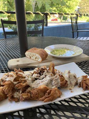 Fried artichoke app special + bread + EVOO & spices