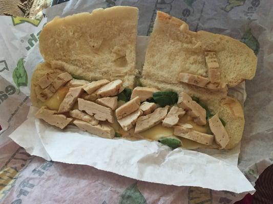 This is a Buffalo Chicken Sub with Spinach and Ranch? It apparently is at this Subway.  This is the most pathetic sandwich I've ever had.