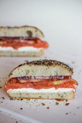 Everything Bagel w/ Cream Cheese added Tomato and Onion