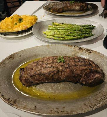 14 oz strip steak, potatoes Au gratin, asparagus