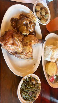 Pecan roasted chicken with gravy, Green Beans, Fried Okra and freshly baked biscuits