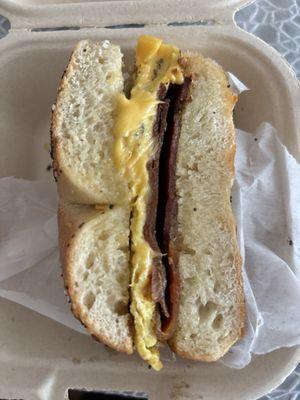 Everything bagel, with bacon egg and cheese