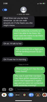 Owner ignoring me after I asked about my cat. She still has not responded. Tammy is an awful person.