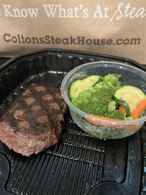 6oz steak with steamed vegetables