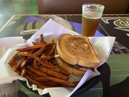 Paddy Melt with sweet potato fries.