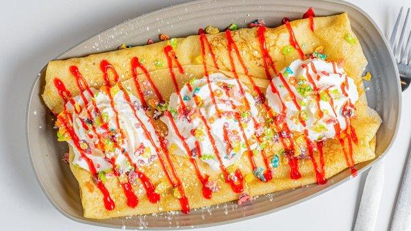 Fruity pebble and strawberries crepe