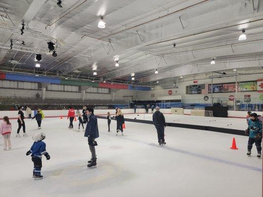 Hockey players sometimes hold training sessions during the public skating. A barrier is set up, squeezing out the non-hockey folks.