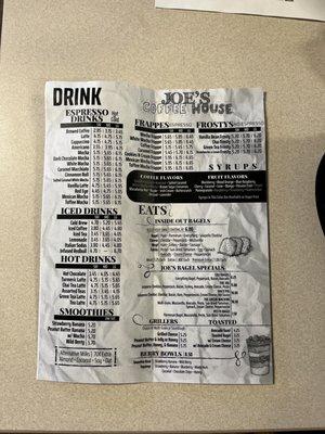 Joe's menu