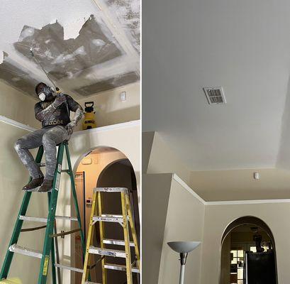 Before and after popcorn ceiling removal, ceiling and interior paint