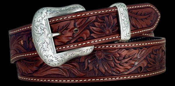 Brown Sunfire Patterned Belt with White Edge Border Stitching and Buckle.