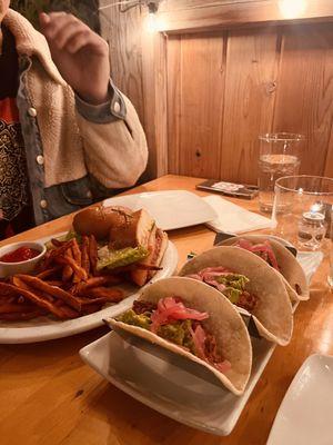 Impossible burger, sweet potatoe fries, and vege tacos