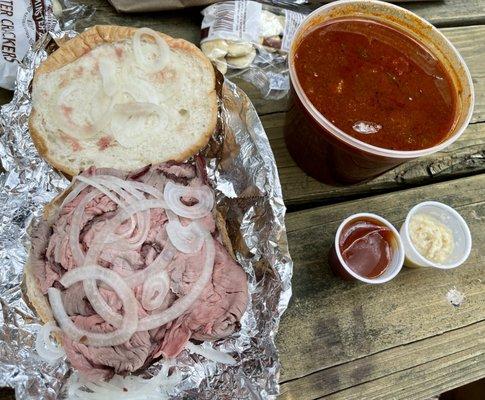 Pit beef and medium sized chili.
 Original BBQ and horseradish on the side.