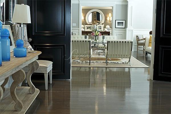 High-gloss, custom grey-stained white oak.