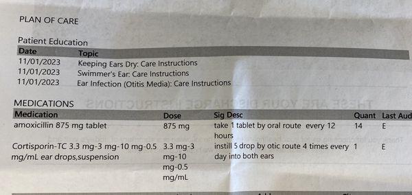 Check your paperwork before you leave. Was told I was being prescribed augmentin but that's not what was actually called in.