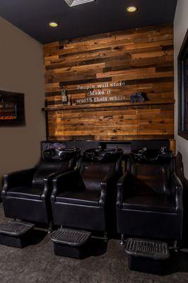 Wash House/Luxury Lounge.  Where our famous scalp massages, scalp detox & deep conditioning services take place! Our guests love it here