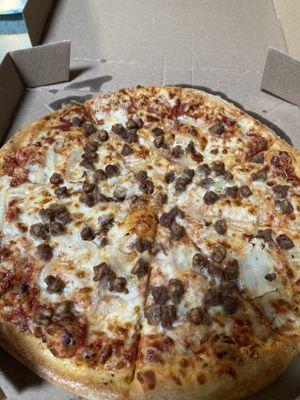 Medium beef and onion pizza.