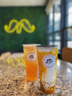 Mr. Sun Green Tea w/ Non-Alcoholic Heineken Beer, Mr. Sun Mango w/ Mango Boba @lesminaddio