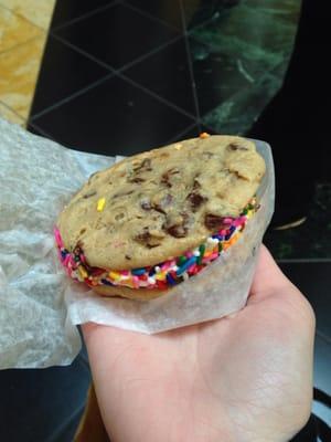 Cookie cream sandwich with sprinkles was warm and delicious