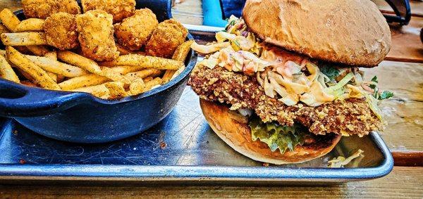 Fried chicken sandwich and tots and fries