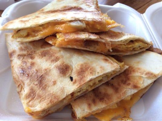 breakfast quesadilla--egg, bacon, potatoes, red peppers, and cheese. Really good!