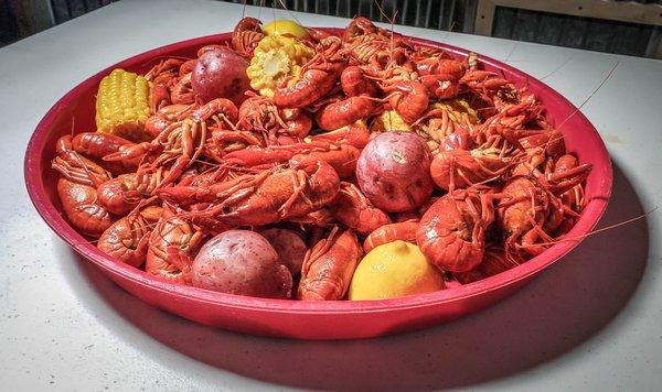 A few pounds of crawfish with potatoes and corn at Bayou Blake's Boiling Hut.