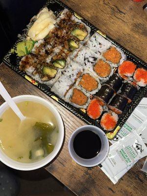 Any 3 Rolls Lunch with Eel Avocado Roll, Spicy Crunchy Tuna Roll, Tako Maki Roll and Miso Soup