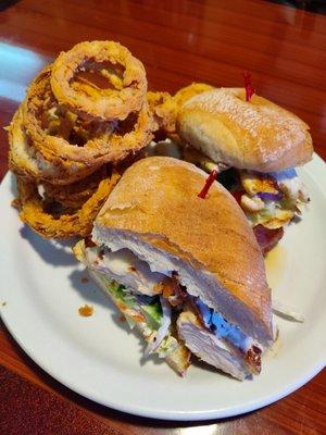 Grilled Chicken sandwich with onion rings