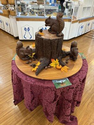 Chocolate tree stump and squirrels.  Full size!