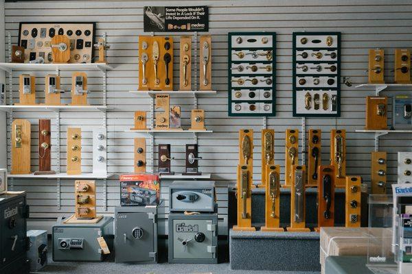 Our showroom is stocked with a wide variety of decorative handle sets, safes, door knobs, and deabolts.