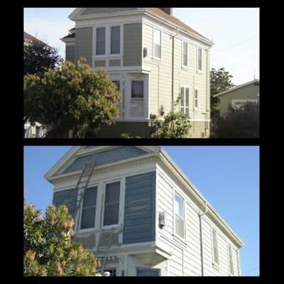 Exterior painting, before and after example.