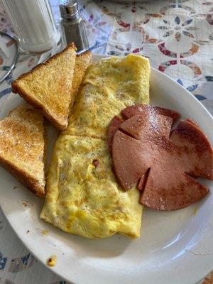 Ham, cheese and onion omelette with fried bologna and toast