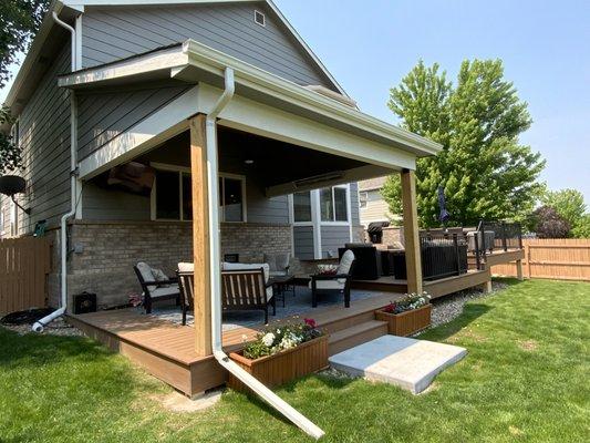 Multi tiered deck with matching shed style roof