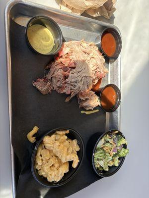 Pulled pork, Mac n cheese, and broccoli salad