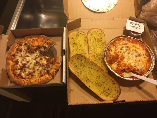 Cheeseburger pizza, ravioli and garlic bread, all for under $20 after delivery tip!