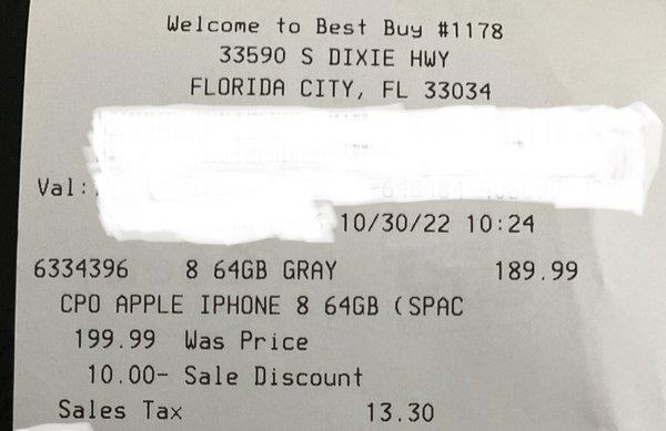 Receipt from my defective purchase.