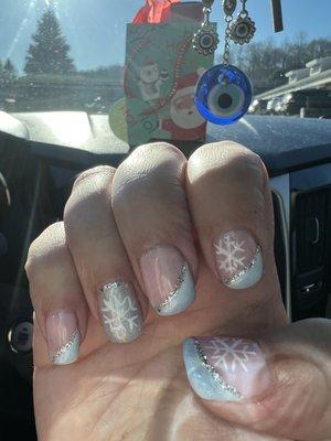 French manicure with silver lining & Snowflake nail design.