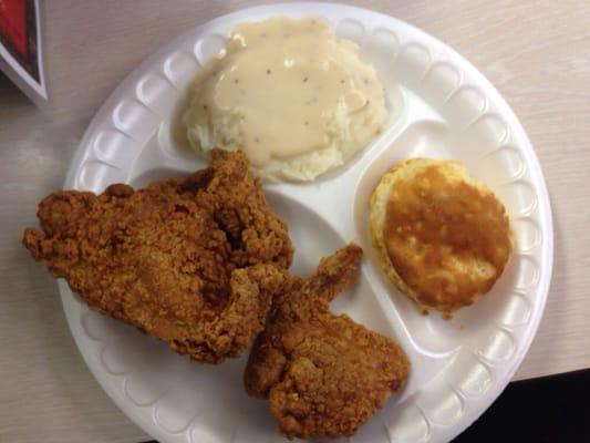 Fried chicken, mashed potatoes & gravy, and biscuit