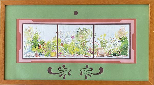 Watercolor of 'Front Garden' by Michiko Furusho, matted and framed by Frameworks