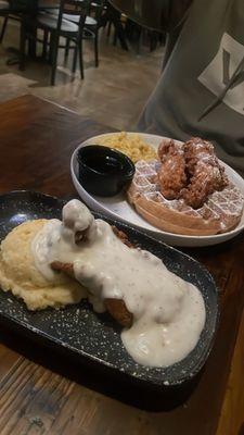 Chicken fried chicken and cheesy garlic potatoes