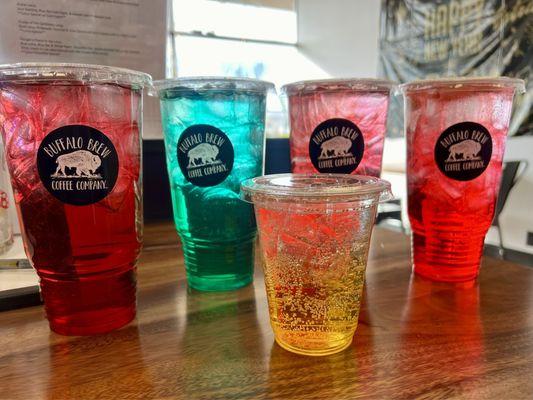 Left to right: Prickly Pink, Sour Gummy with no candy, Watermelon Sugar x2 and a kids Pineapple Mango Italian Soda